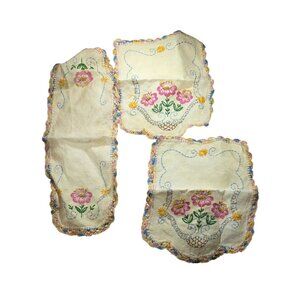 Vtg Hand-Embroidered Floral Dresser Scarf Set  Crocheted Edges 3 pieces granny